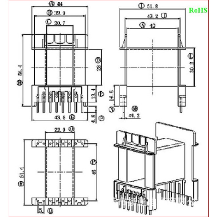 Khuôn biến áp xung EE6527 Nằm Đen (8+8 chân)
