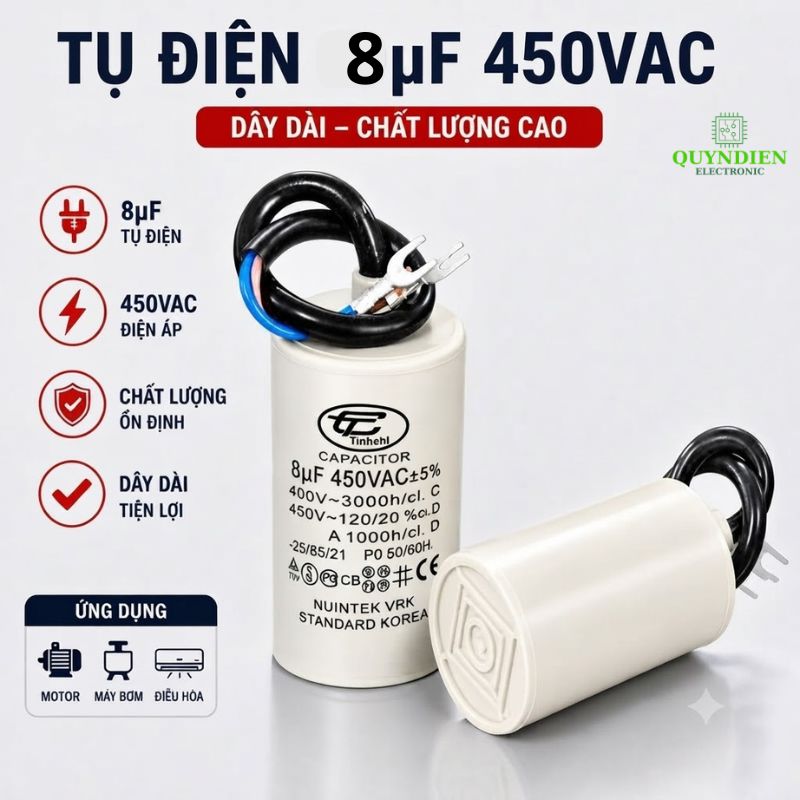 Tụ Đề Máy Bơm Nước 8uF 450VAC Tinh Chi