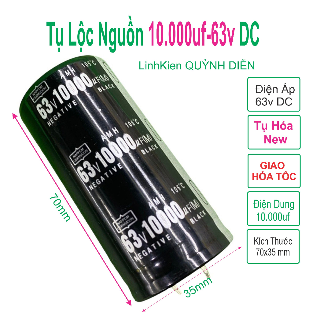Tụ lọc nguồn 10.000uf - 63v màu đen dùng trong thiết bị âm thanh, nguồn xung, và các mạch điện công suất lớn