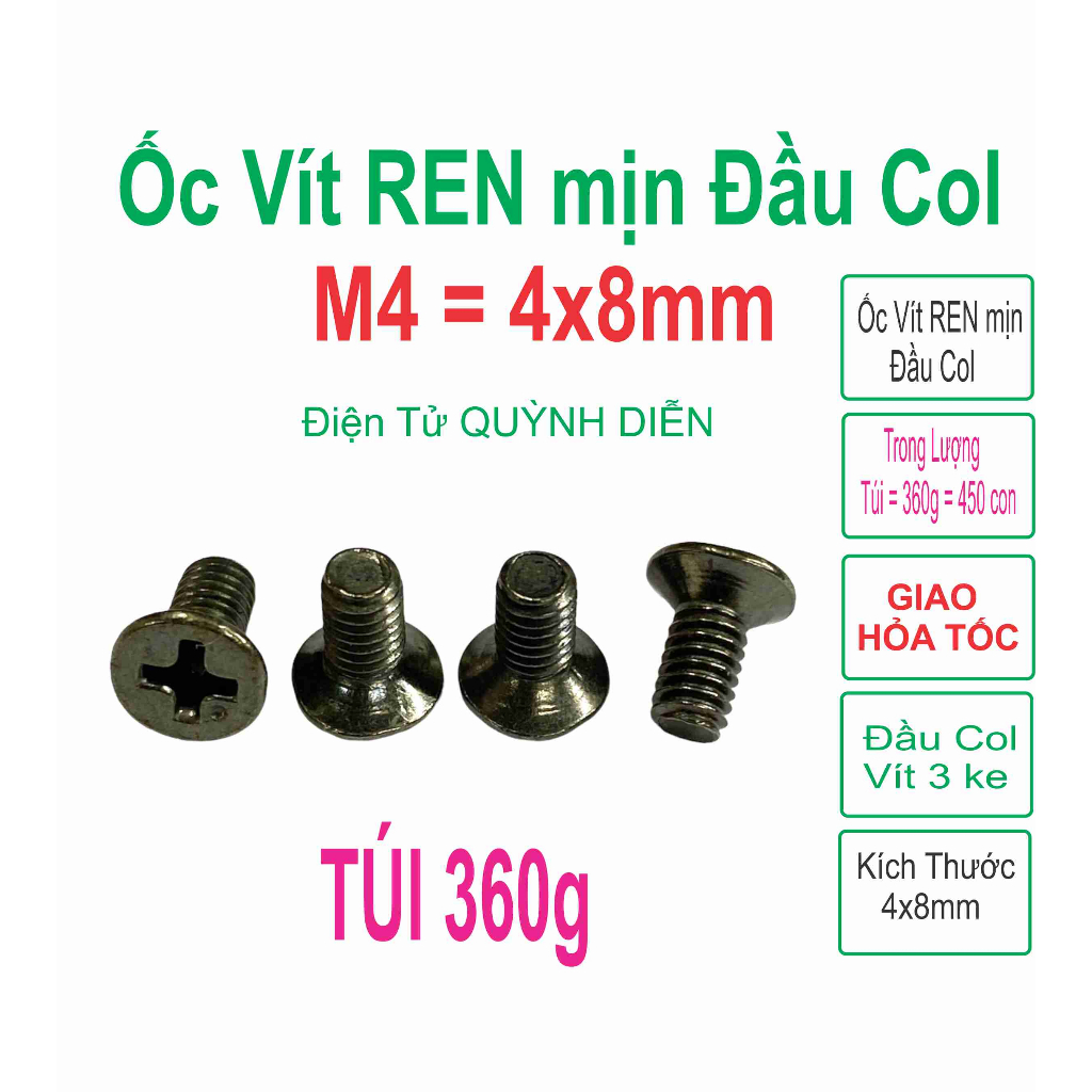 Ốc vít đầu COL M4 REN mịn 4mm dài 8mm số lượng 100g 1 Túi khoản 125 con