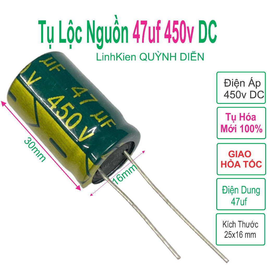 Tụ lộc nguồn tụ hóa 47uF 400V - 450V xanh 16x25mm