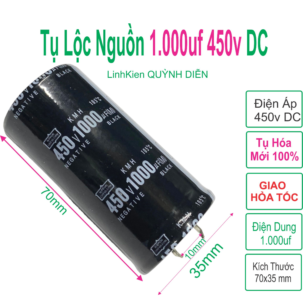 Tụ lọc nguồn 1000uF 450V chuyên dùng trong mạch lọc nguồn DC, mạch công suất cao, thích hợp cho các thiết bị điện tử