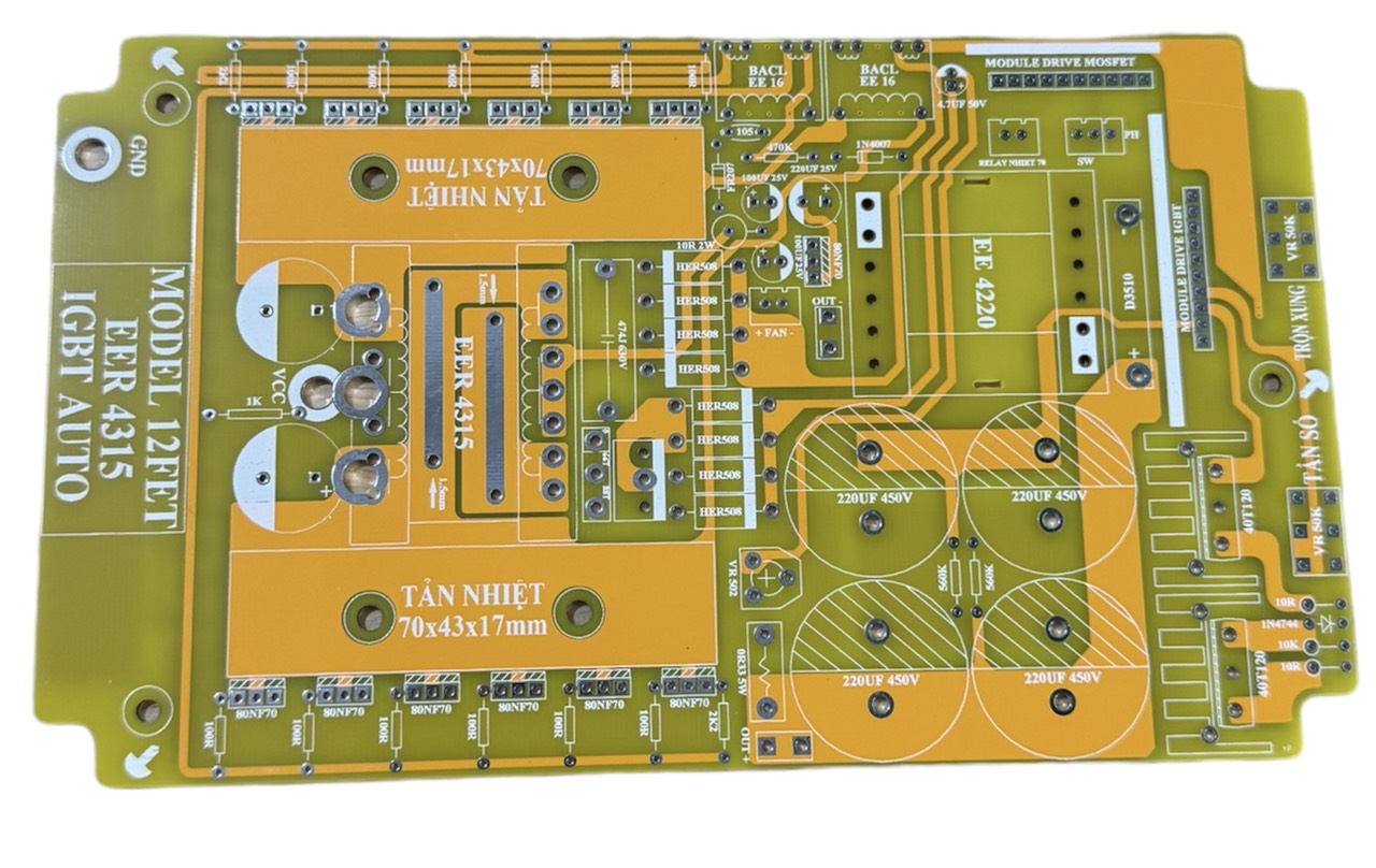 PCB 12 fet cách li băm IGBT Dùng biến áp máy hàn E4315 bo mạch sợi thủy tinh FR4 (Chư có bo Dao động)
