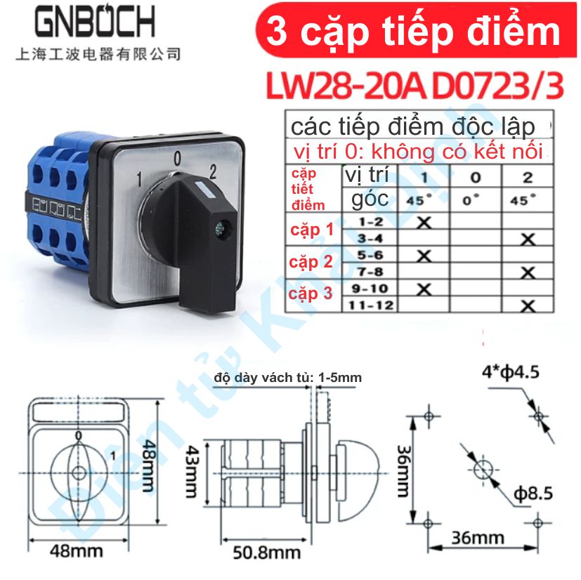 Công tắc xoay tủ điện chuyển mạch xanh dương 3 vị trí 20A 380V LW28-20 D0083 D0414 D0723 D1050 D1369 1-5 cặp tiếp điểm kde0523
