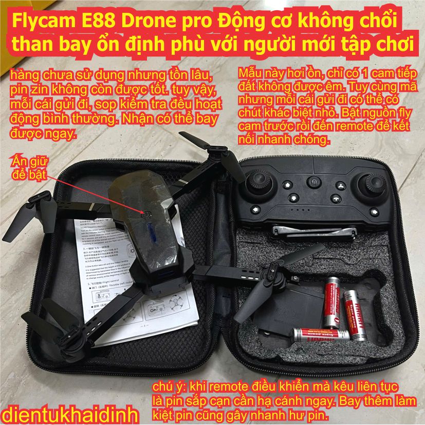 Flycam E88, E88 plus Drone pro Động cơ không chổi than bay ổn định phù với người mới tập chơi pin 3.7V 18000mAh kde0865