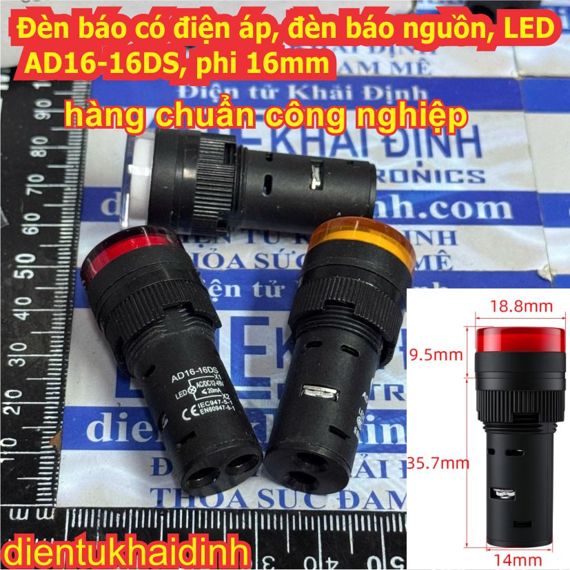 Đèn báo điện áp nguồn LED AD16-16DS phi 16mm điện áp 12V 24V AC/DC 220Vac 380VAC màu đỏ lá dương vàng trắng kde6209