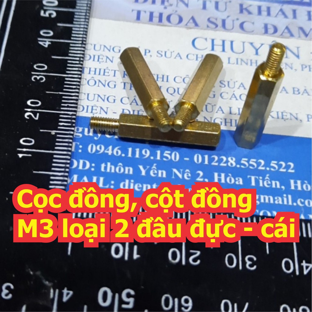 Cọc đồng cột trụ đồng M3 2 đầu đực-cái đầu gai dài 6mm thân dài  5 ~ 50mm kde0457