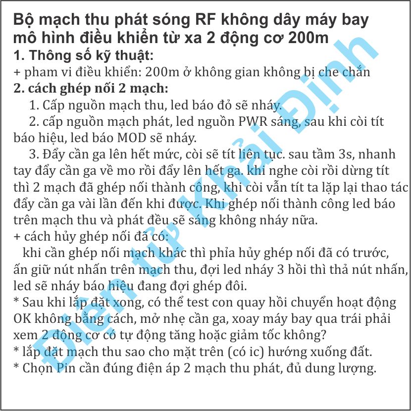 Bộ mạch thu phát sóng RF không dây máy bay mô hình điều khiển từ xa 2 động cơ 200m kde0715