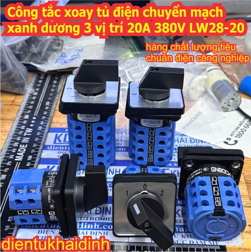 Công tắc xoay tủ điện chuyển mạch xanh dương 3 vị trí 20A 380V LW28-20 D0083 D0414 D0723 D1050 D1369 1-5 cặp tiếp điểm kde0523
