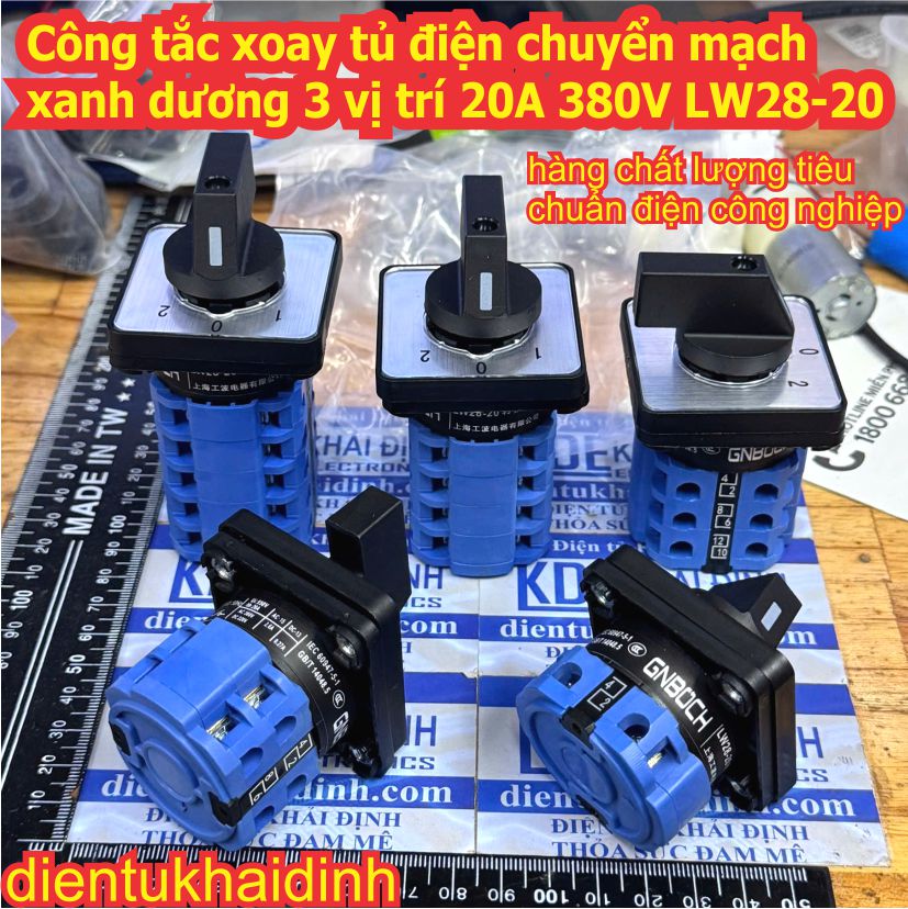 Công tắc xoay tủ điện chuyển mạch xanh dương 3 vị trí 20A 380V LW28-20 D0083 D0414 D0723 D1050 D1369 1-5 cặp tiếp điểm kde0523