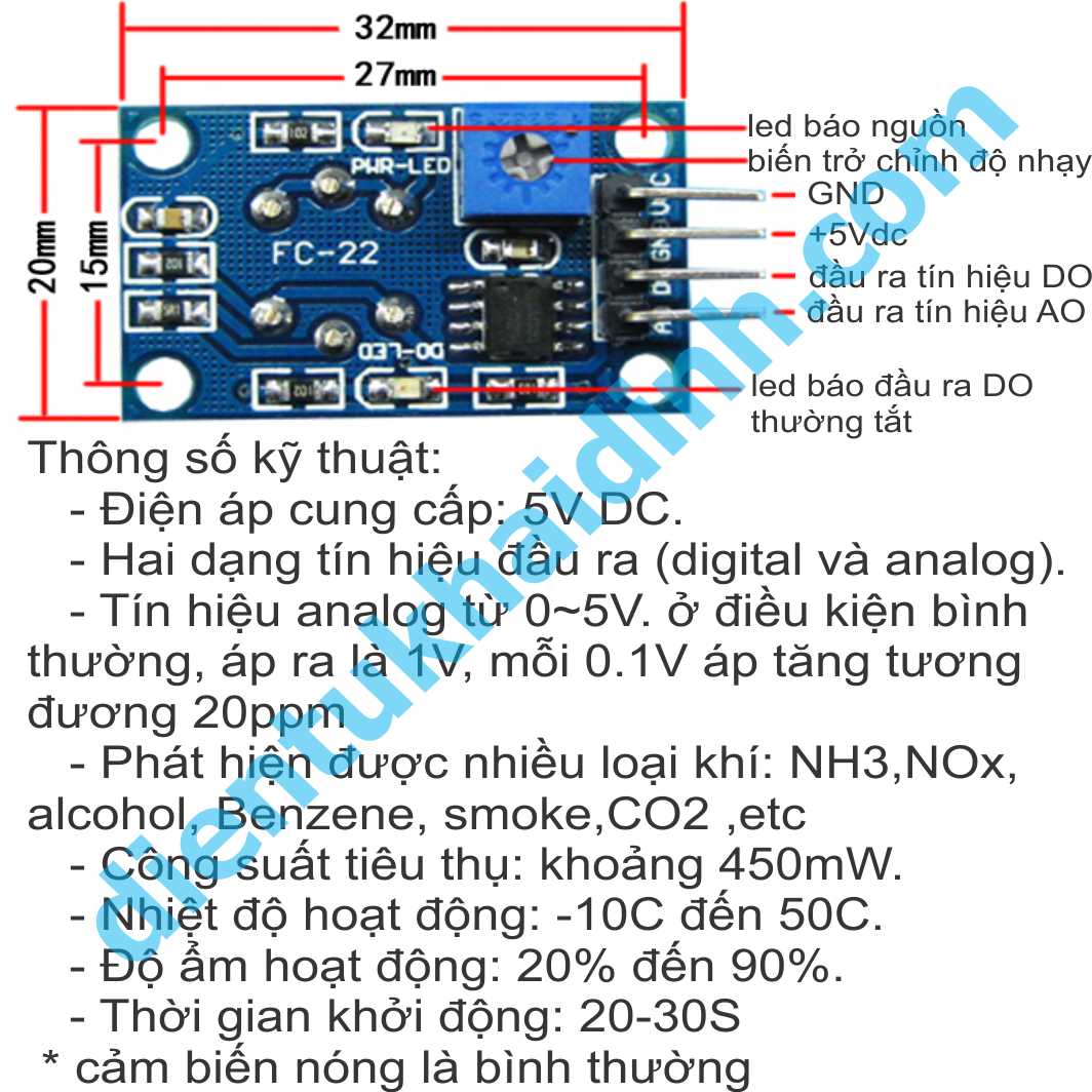 MODULE CẢM BIẾN chất lượng không khí, khí NOx, NH3, benzene... MQ135 MQ-135 kde0014