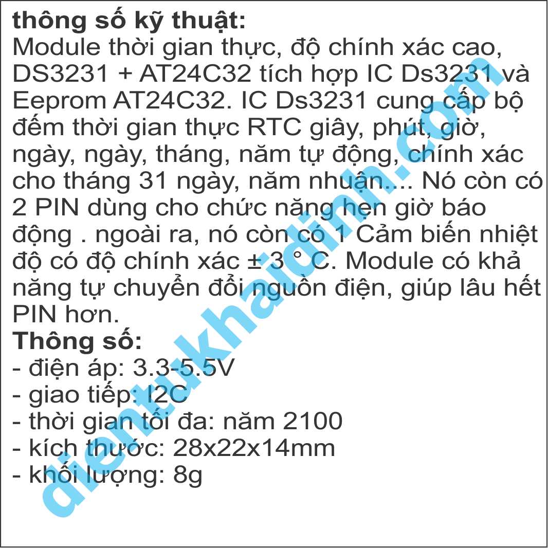 Module thời gian thực, độ chính xác cao DS3231 + AT24C32 I2C kde0034