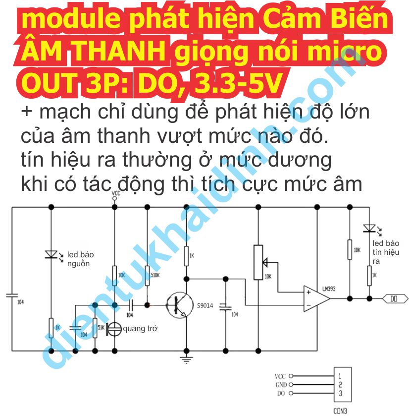 module phát hiện Cảm Biến ÂM THANH giọng nói micro OUT 3P: DO, 3.3-5V kde0040