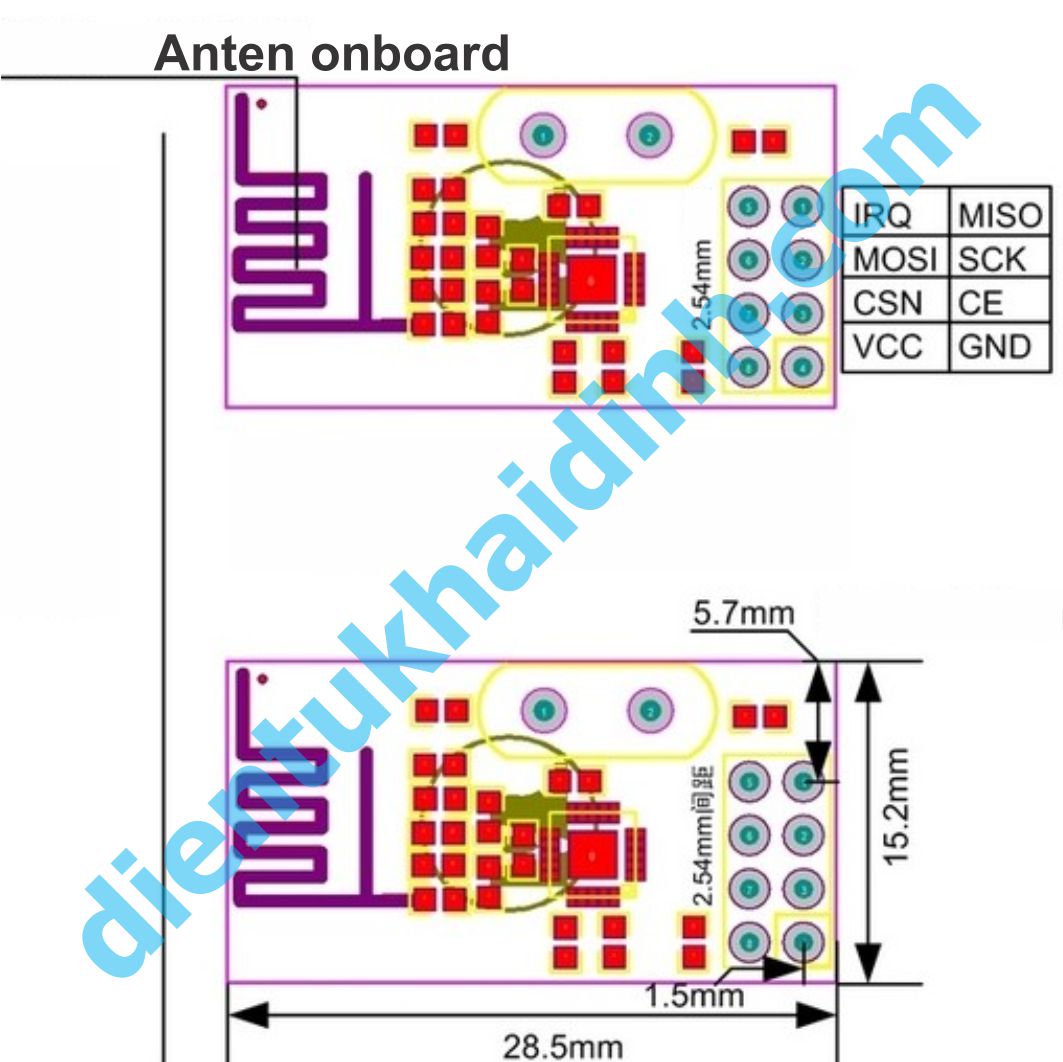 Module Thu Phát RF NRF24L01 NRF 24L01 2.4GHz, anten onboarrd 8P giao tiếp SPI kde0139