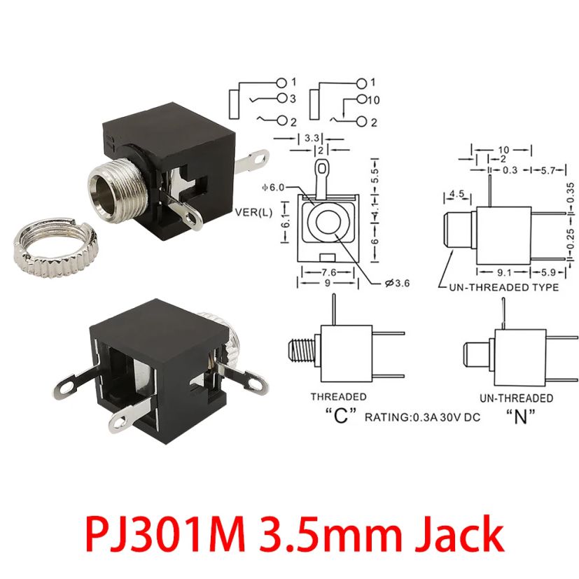 ĐẦU CÁI JACK PHONE 3.5mm PJ301M 3P LOẠI VUÔNG KHOÉT LỖ CỐ ĐỊNH kde0174
