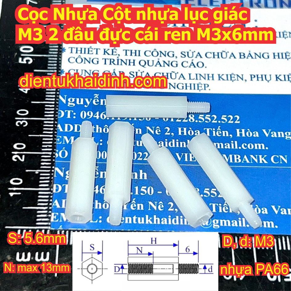 Cọc Nhựa cột nhựa trụ chân nhựa lục giác M3 2 đầu đực cái ren M3x6mm thân dài 5mm ~ 50mm kde0264