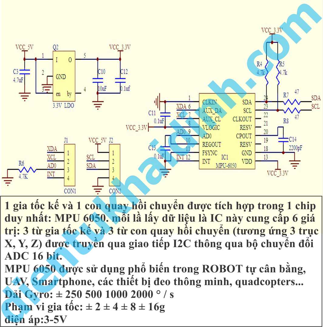 Cảm biến Góc 3 trục, Gia Tốc 3 trục MPU6050 GY-521 kde0362