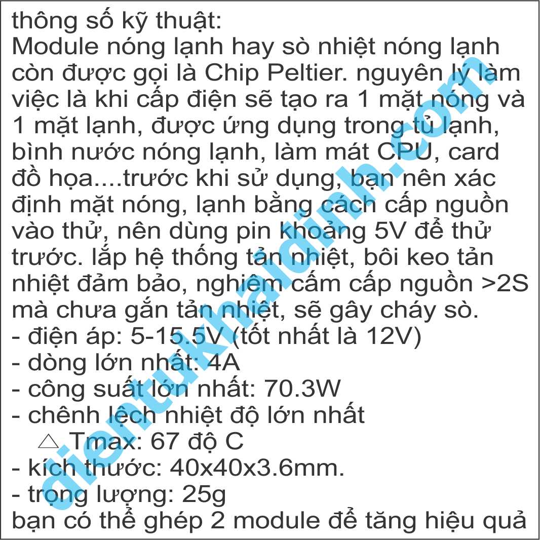 MODULE Chuyển Nhiệt TEC1-12706 60W 40x40mm sò nhiệt nóng lạnh kde0379