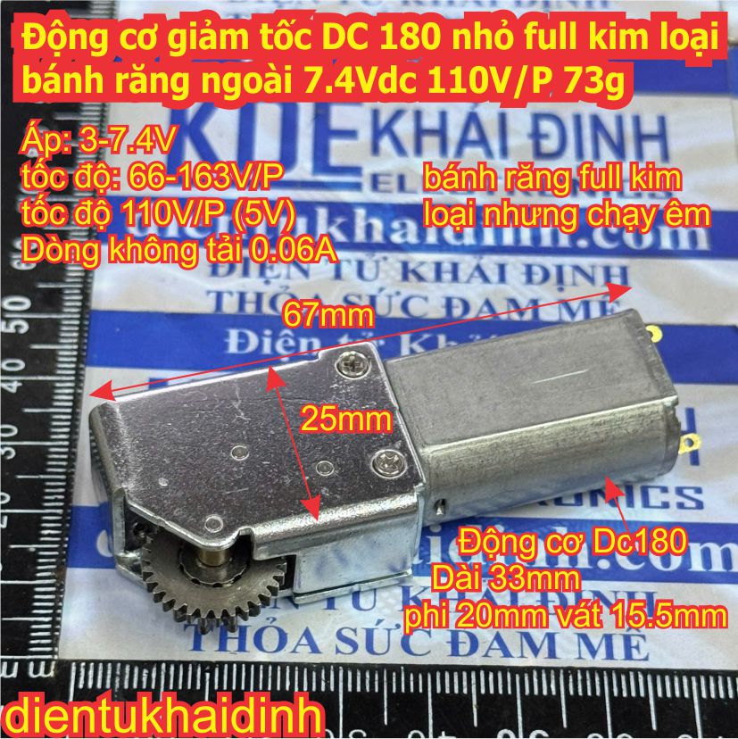 Động cơ giảm tốc DC 180 nhỏ full kim loại bánh răng ngoài 7.4Vdc 110V/P 73g kde0864