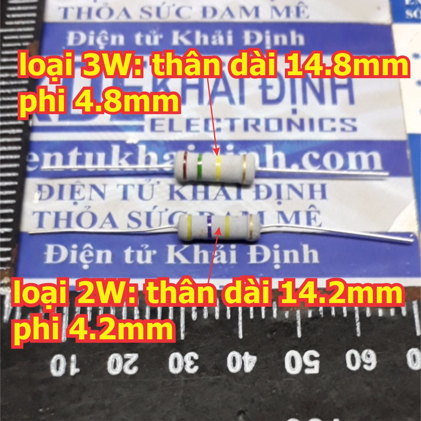 Điện trở công suất 4 vạch màu sai số 5% 2W các loại 1 ~ 68 Ohm kde0975