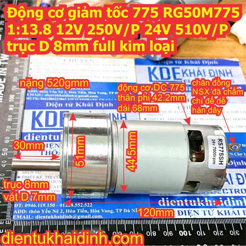 Động cơ giảm tốc 775 RG50M775 1:13.8 12V 250V/P 24V 510V/P trục D 8mm full kim loại kde1010