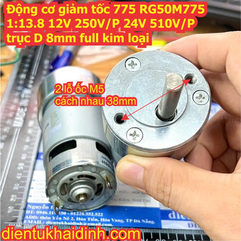 Động cơ giảm tốc 775 RG50M775 1:13.8 12V 250V/P 24V 510V/P trục D 8mm full kim loại kde1010