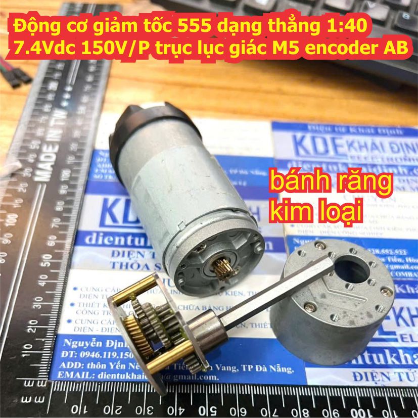 Động cơ giảm tốc 555 dạng thẳng 1:40 7.4Vdc 150V/P trục lục giác M5 encoder AB kde1013