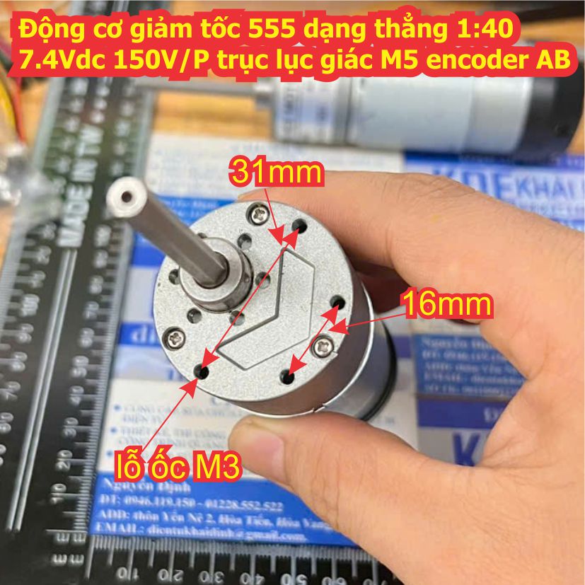 Động cơ giảm tốc 555 dạng thẳng 1:40 7.4Vdc 150V/P trục lục giác M5 encoder AB kde1013