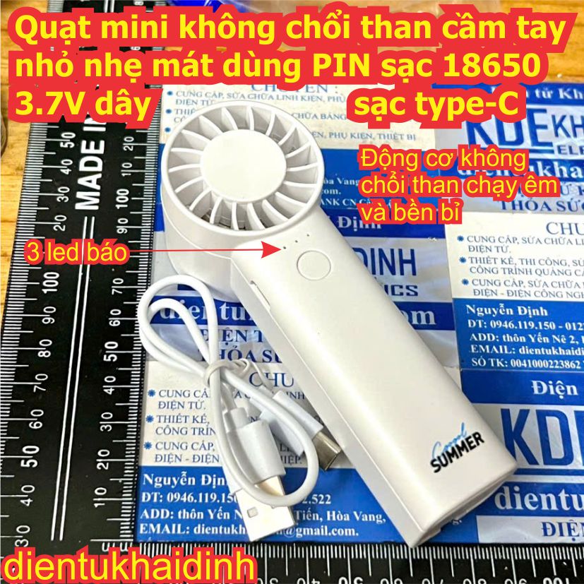 Quạt mini cầm tay nhỏ nhẹ mát dùng PIN sạc 18650 3.7V, dây sạc type-C kde1171