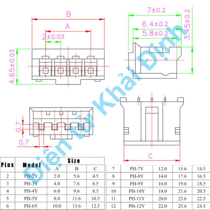 Bộ rời đầu cắm nhựa cái lõi cos jack nối header PH2.0 PH2.0mm 2P 3P 4P 5P 6P 7P 8P 9P 10P 12P kde1179