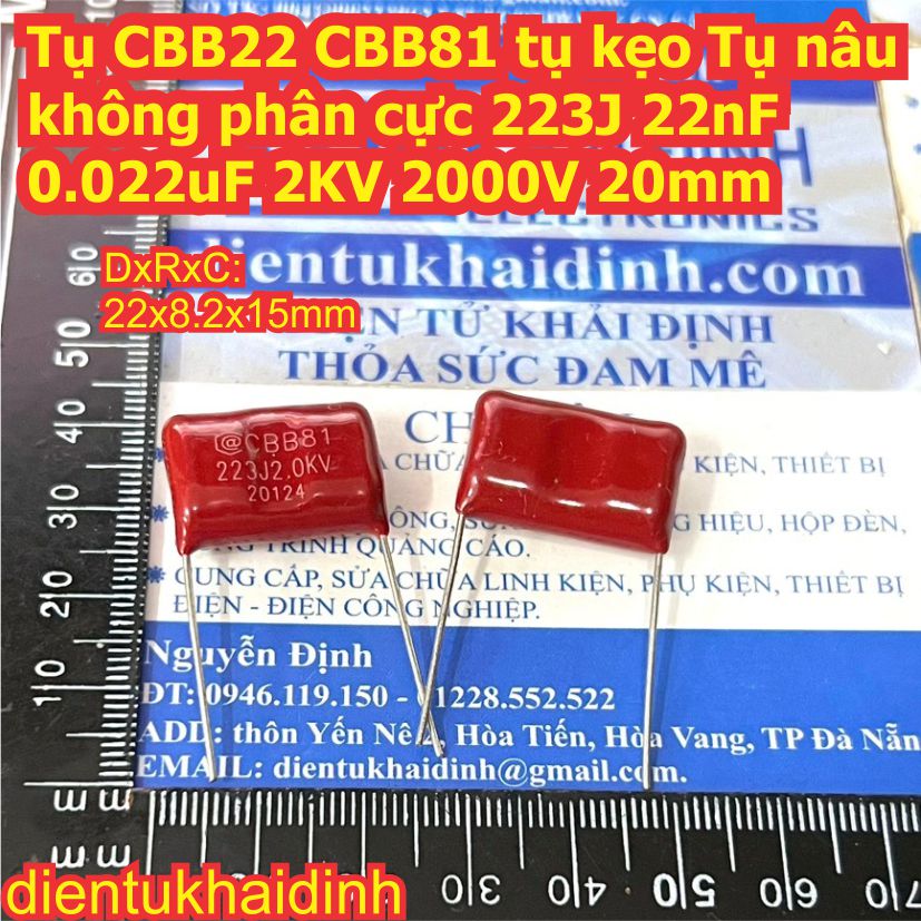 Tụ kẹo CBB CBB81 CBB22 nâu đỏ không phân cực 223J 1600V 0.022uF 1.6KV 2KV 1600V 2000V D=15mm 20mm kde1745