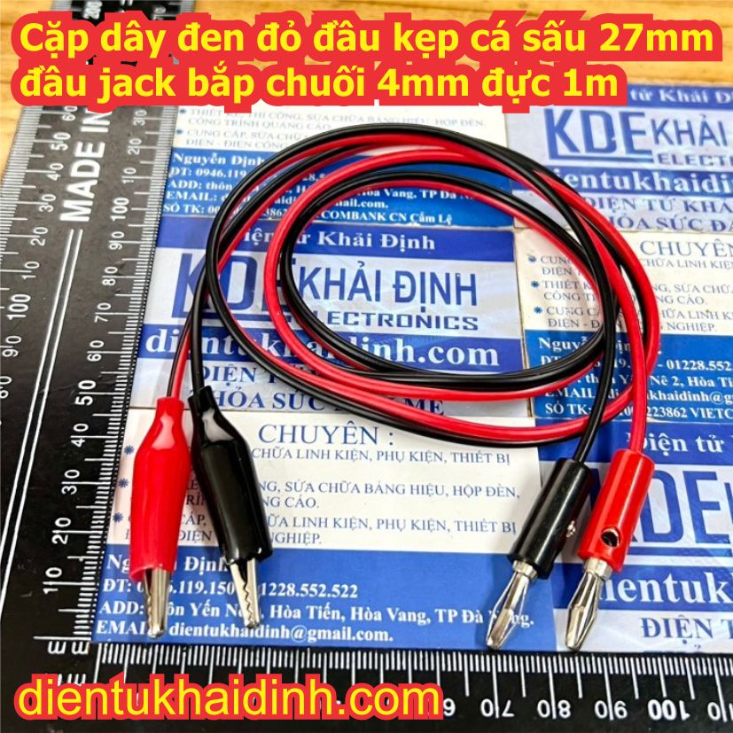 Cặp dây đen đỏ đầu kẹp cá sấu 27mm đầu jack bắp chuối 4mm đực 1m kde1890