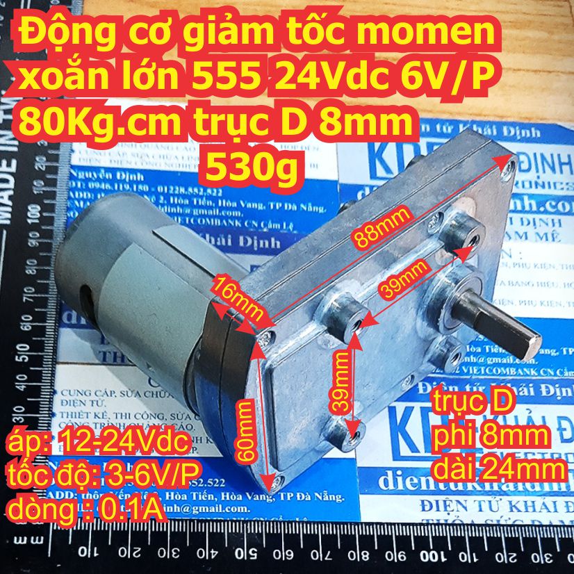 Động cơ giảm tốc momen xoắn lớn 555 24Vdc 6V/P 80Kg.cm trục D 8mm 530g kde2475