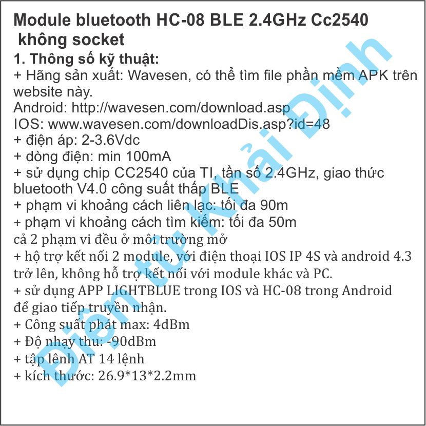 Module bluetooth HC-08 BLE 2.4GHz CC2540 không socket kde2730