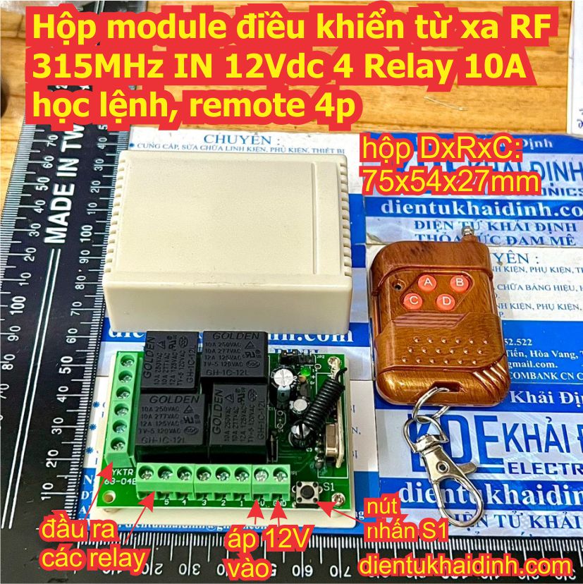 Hộp module điều khiển từ xa RF 315MHz IN 12Vdc 4 Relay 10A học lệnh, remote 4p nhiều chế độ kde2880