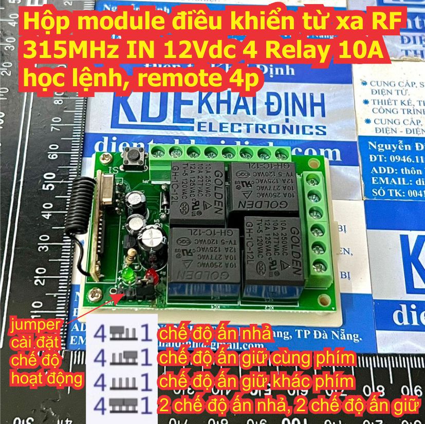 Hộp module điều khiển từ xa RF 315MHz IN 12Vdc 4 Relay 10A học lệnh, remote 4p nhiều chế độ kde2880