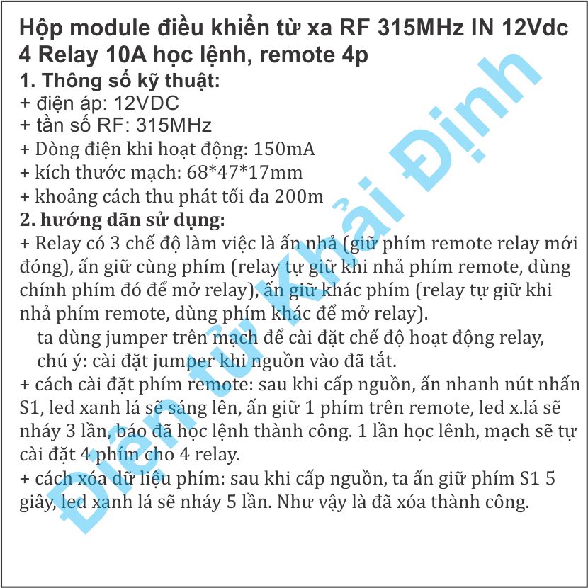 Hộp module điều khiển từ xa RF 315MHz IN 12Vdc 4 Relay 10A học lệnh, remote 4p nhiều chế độ kde2880