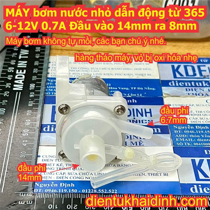 MÁY bơm nước nhỏ dẫn động từ 365 6-12V 0.7A Đầu vào 14mm ra 8mm kde3065