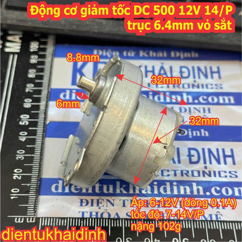Động cơ giảm tốc DC 500 12V 14/P trục 6.4mm vỏ sắt kde3391