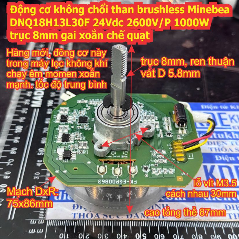 Động cơ không chổi than brushless Minebea DNQ18H13L30F 24Vdc 2600V/P 1000W trục 8mm gai xoắn chế quạt kde3395
