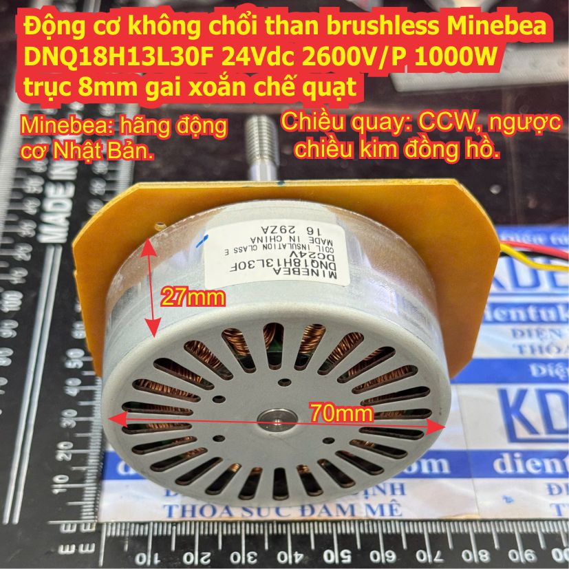 Động cơ không chổi than brushless Minebea DNQ18H13L30F 24Vdc 2600V/P 1000W trục 8mm gai xoắn chế quạt kde3395