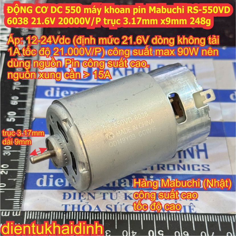 ĐỘNG CƠ DC 550 máy khoan pin motor Mabuchi RS-550VC-8022 RS-550VD-6038 21.6V 12V 20000V/P trục 3.17mm x9mm kde3399