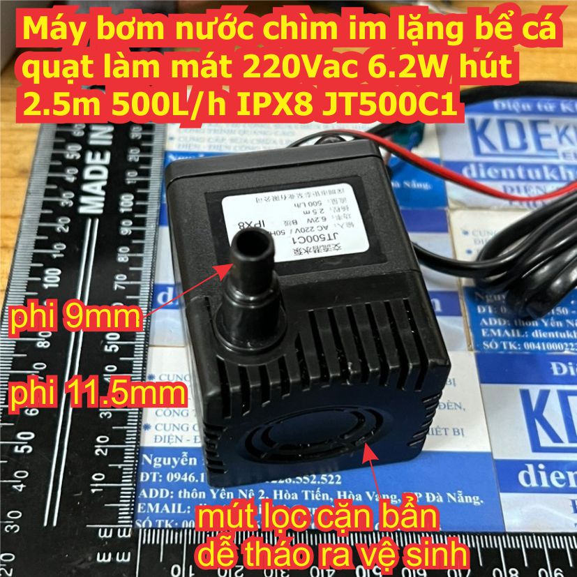 Máy bơm nước chìm im lặng bể cá quạt làm mát 220Vac 6.2W hút 2.5m 500L/h IPX8 JT500C1 kde3415