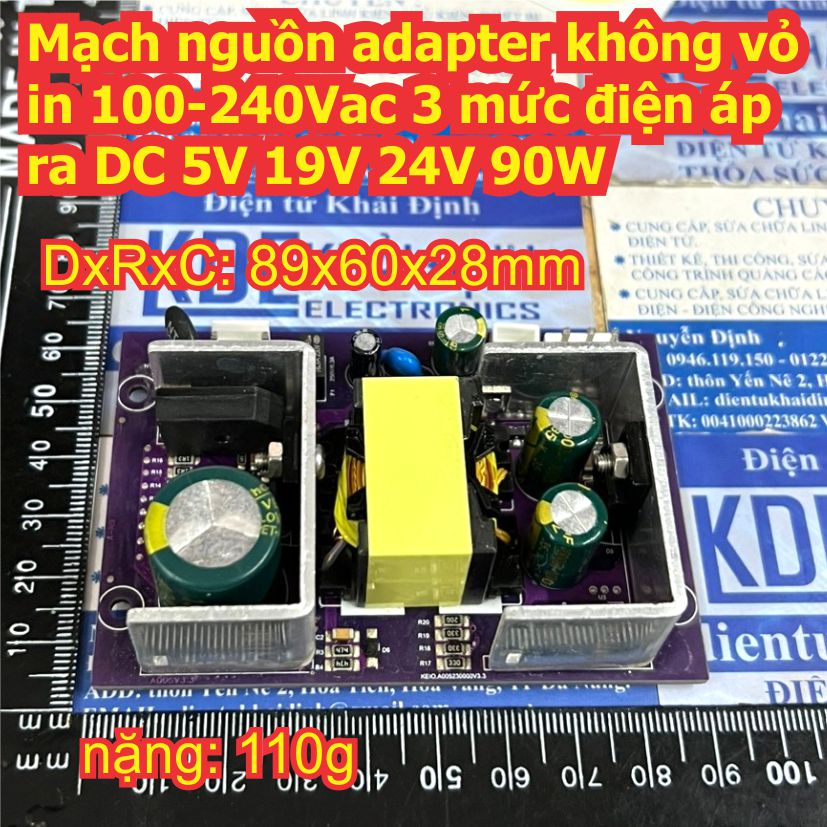Mạch nguồn adapter không vỏ in 100-240Vac 3 mức điện áp ra DC 5V 19V 24V 90W kde3416
