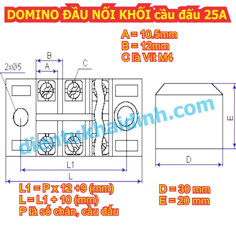 DOMINO TERMINAL ĐẦU NỐI KHỐI cầu đấu vặn vít TB 25A 600V 3P/4P/5P/6P/7P/8P/10P/12P kde3528