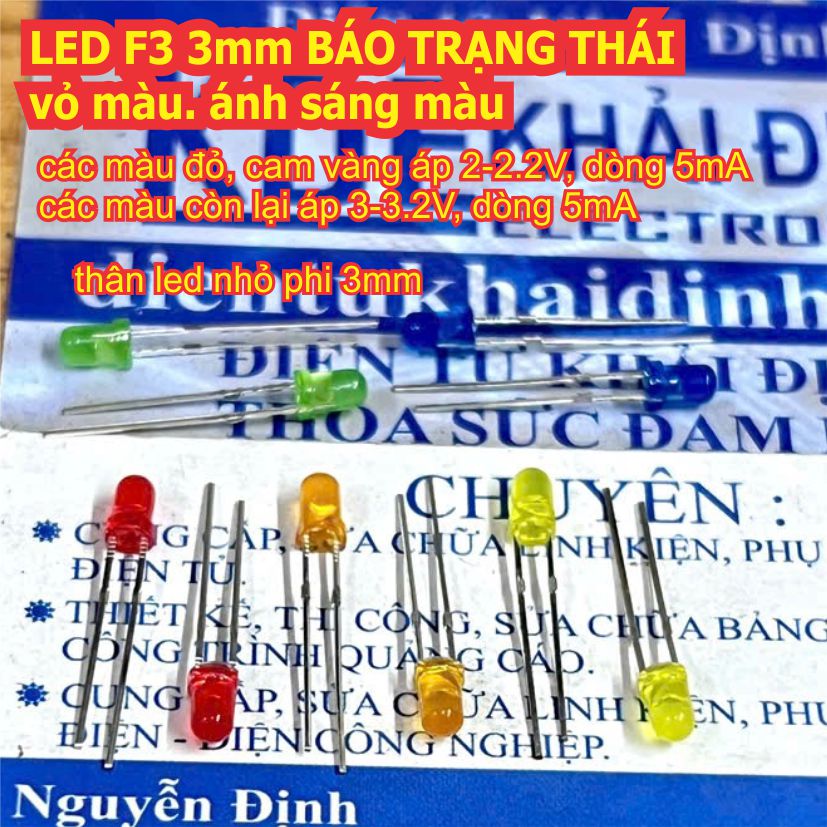50 con LED F3 3mm BÁO TRẠNG THÁI vỏ màu. ánh sáng màu trắng/đỏ/cam/vàng/xanh lá/xanh dương kde3723