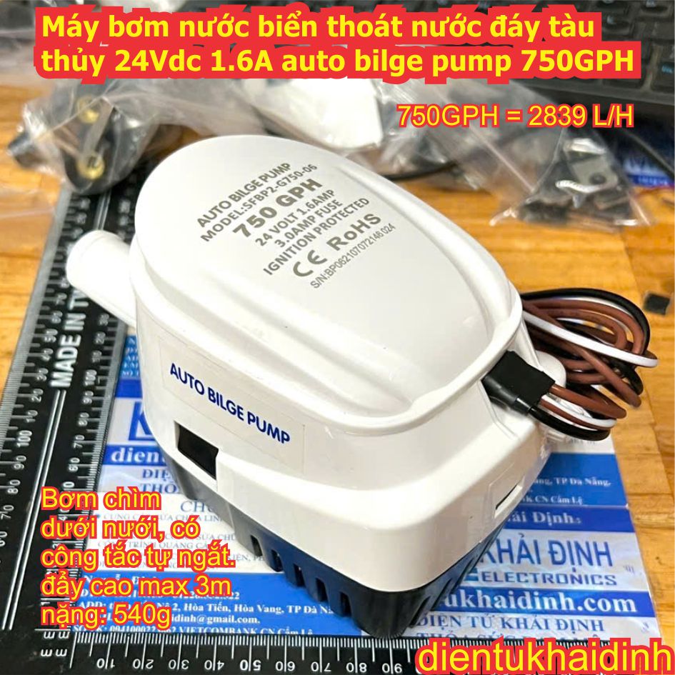 Máy bơm nước biển thoát nước đáy tàu thủy 24Vdc 1.6A auto bilge pump SFBP2 750GPH kde4239