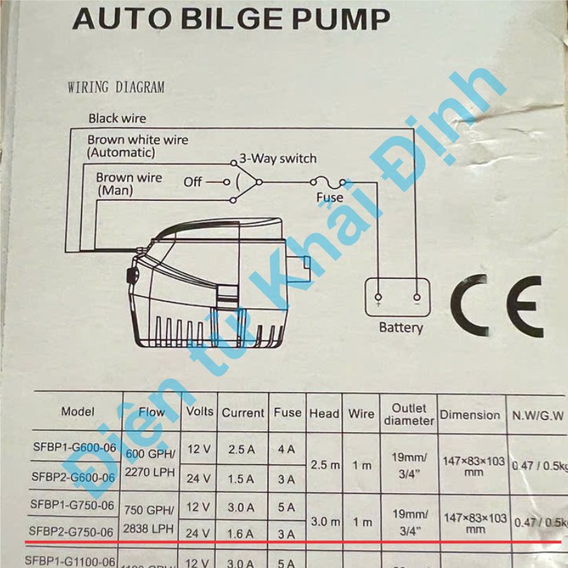 Máy bơm nước biển thoát nước đáy tàu thủy 24Vdc 1.6A auto bilge pump SFBP2 750GPH kde4239