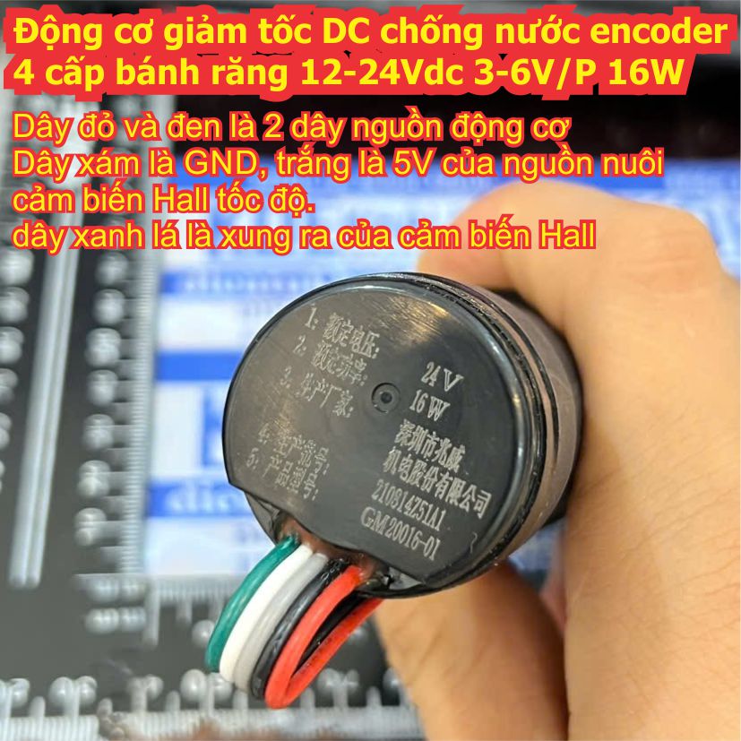 Động cơ giảm tốc DC chống nước cảm biến tốc độ 4 cấp bánh răng 12-24Vdc 3-6V/P 16W 306g kde4258