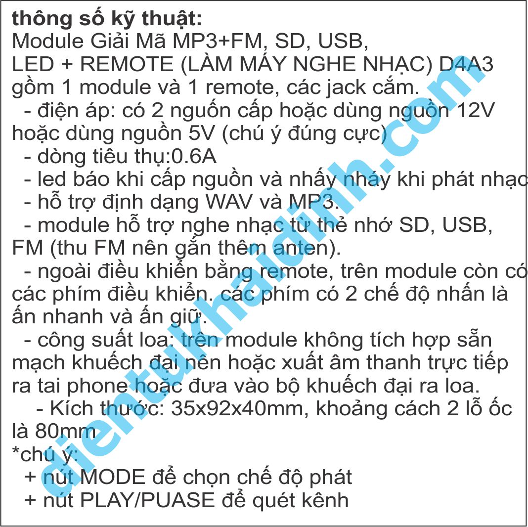 Module Giải Mã MP3+FM, MicroSD, USB OUT: 2x3W + REMOTE (LÀM MÁY NGHE NHẠC) D4A4-2 kde4332
